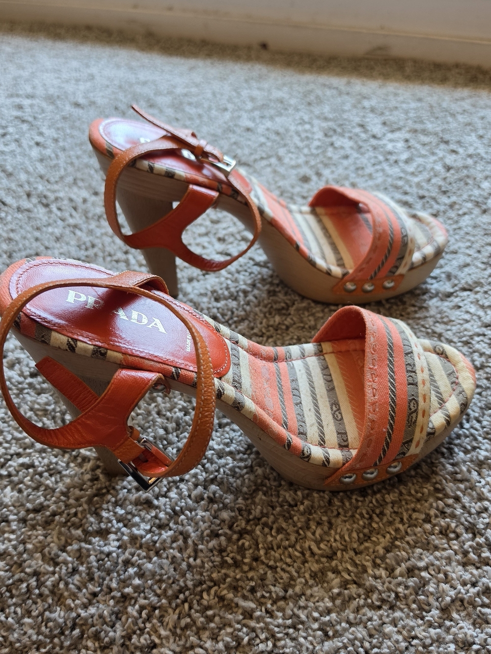 Prada Orange Striped Platform Sandals